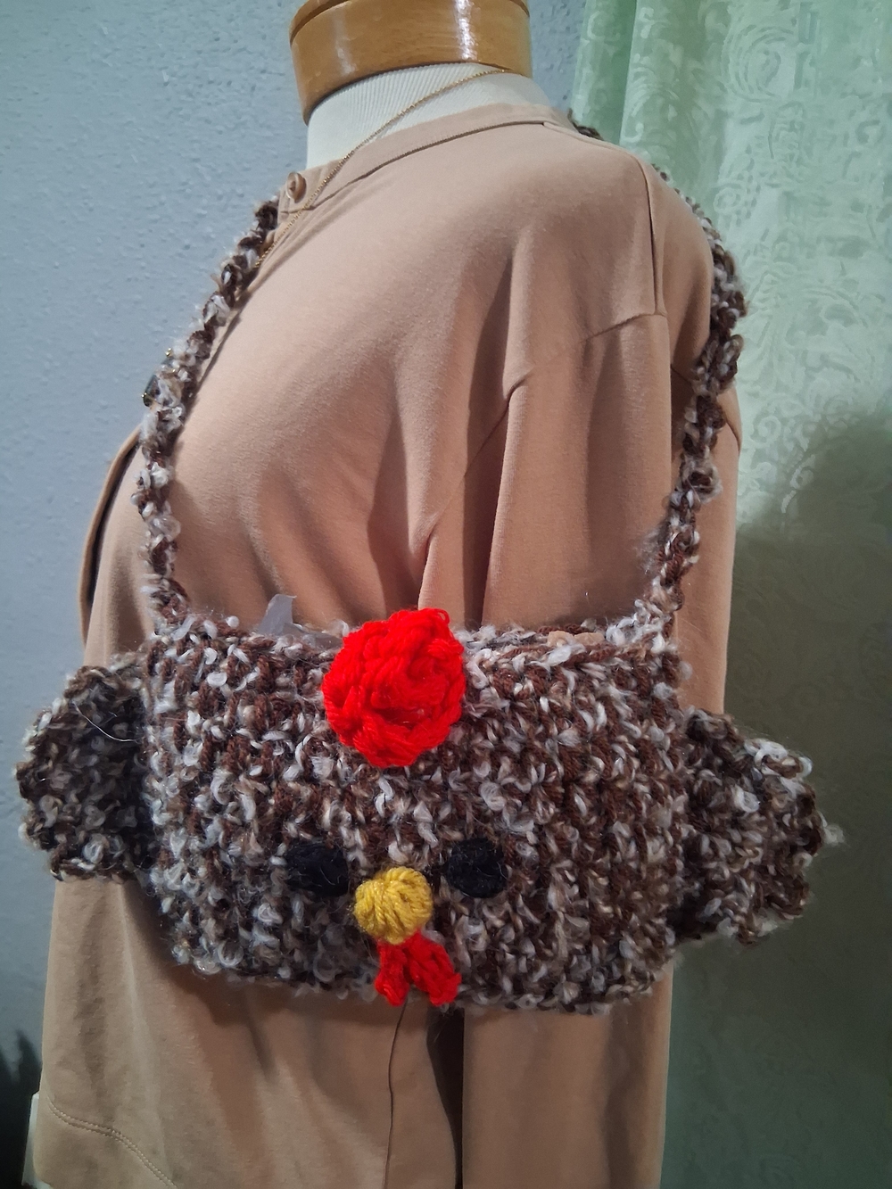 Handwoven Brown Crossbody Bag with Red Button Accent